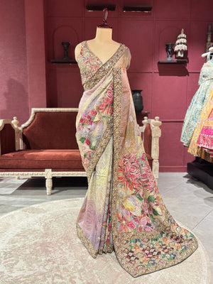 Designer Silk Pastel Saree with Multicolor Floral Embroidery