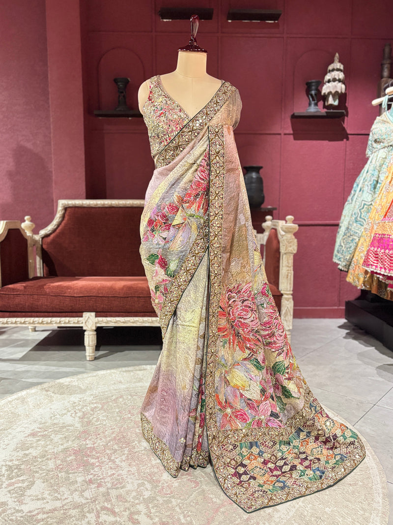 Designer Silk Pastel Saree with Multicolor Floral Embroidery