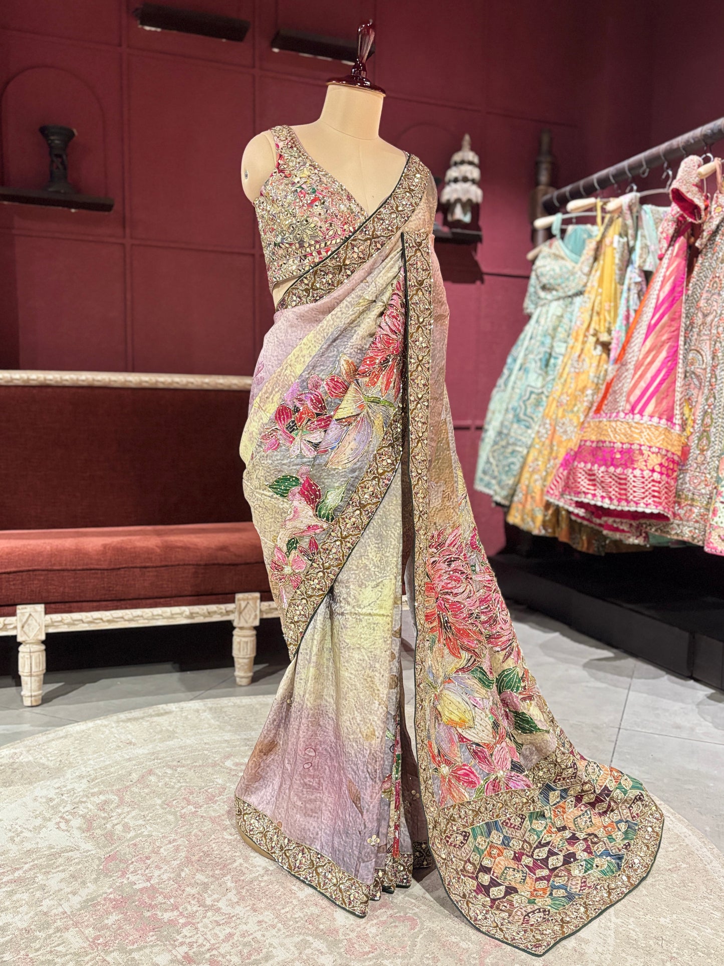 Designer Silk Pastel Saree with Multicolor Floral Embroidery