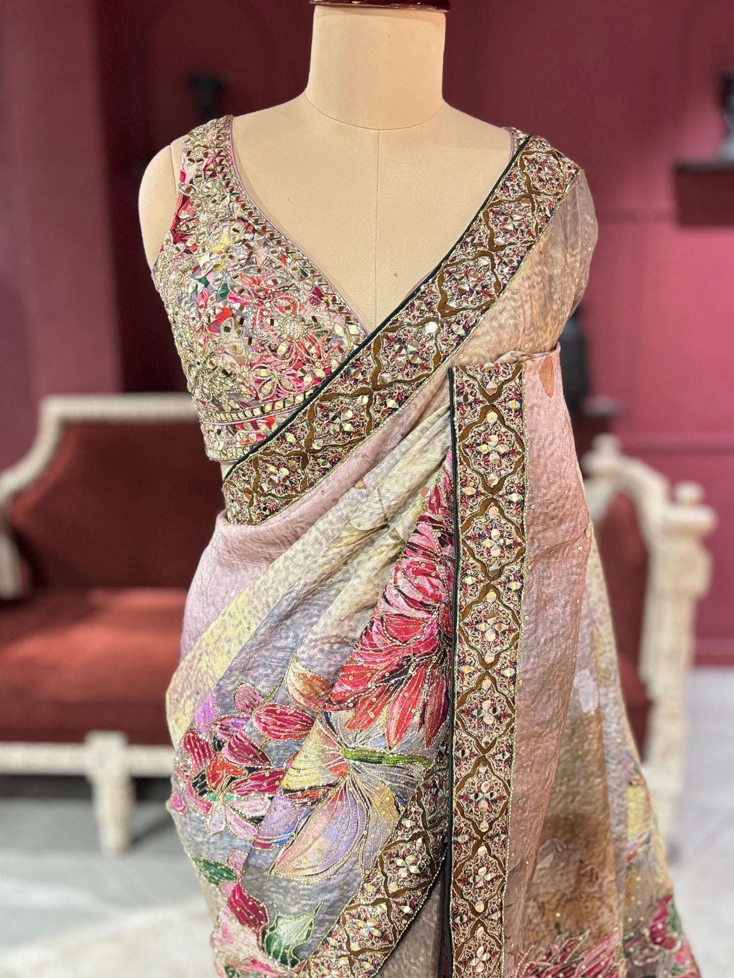 Designer Silk Pastel Saree with Multicolor Floral Embroidery