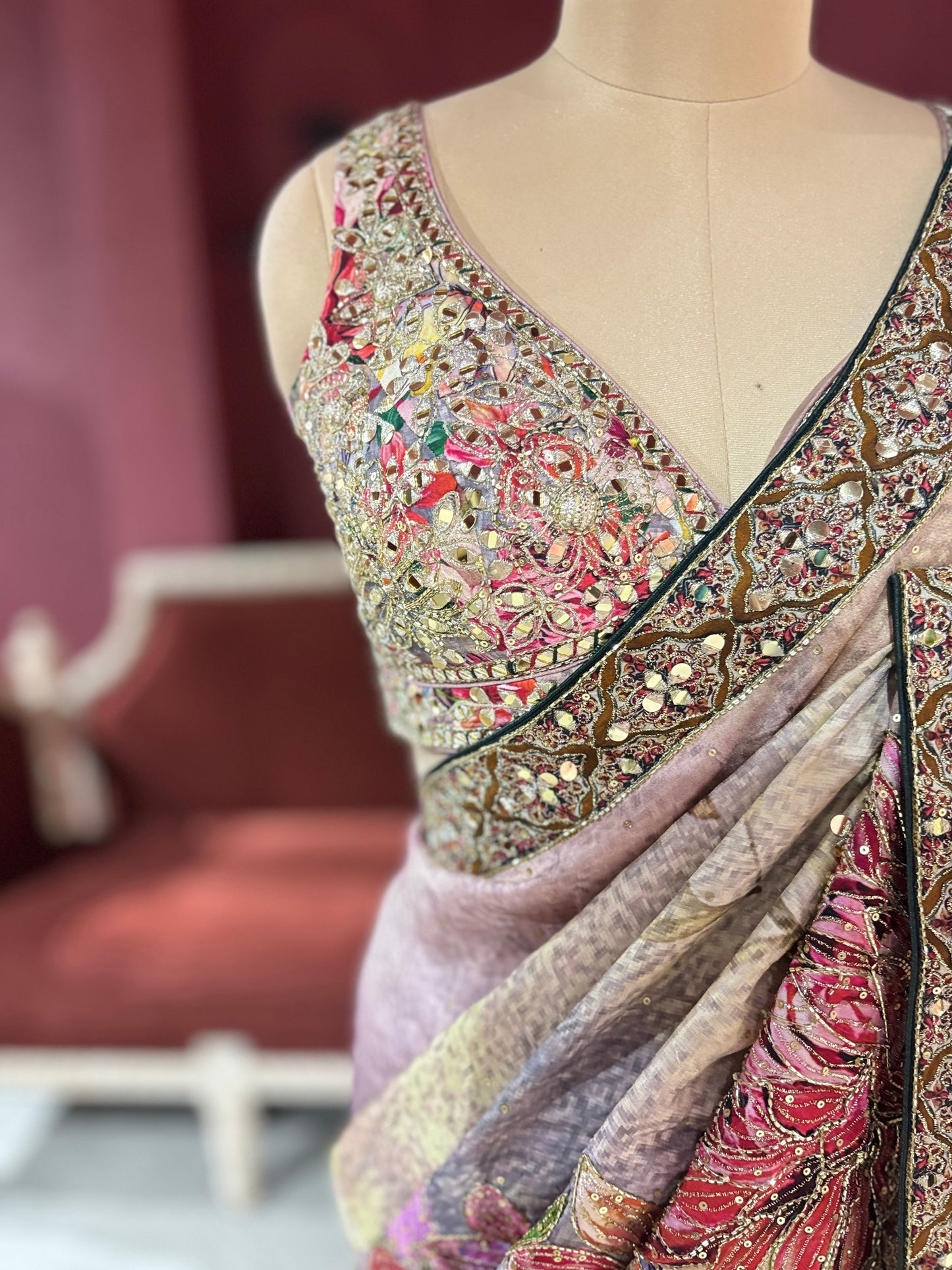 Designer Silk Pastel Saree with Multicolor Floral Embroidery