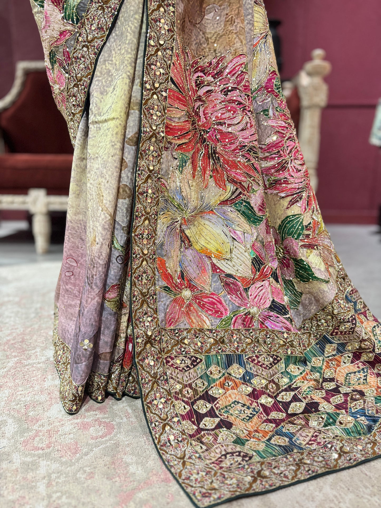 Designer Silk Pastel Saree with Multicolor Floral Embroidery
