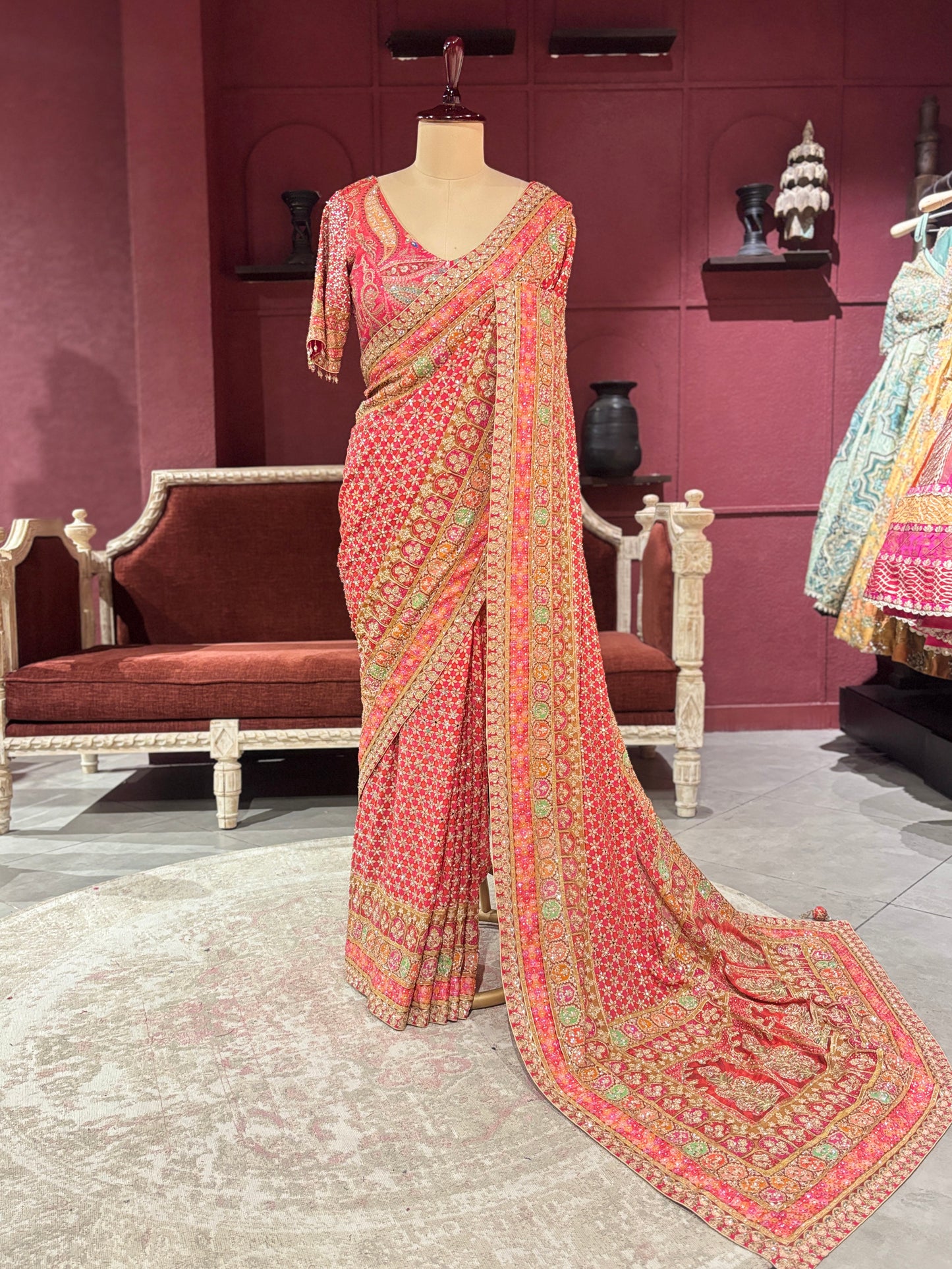 Designer Chinon Red Saree with Golden Floral Embroidery