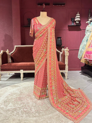 Designer Chinon Red Saree with Golden Floral Embroidery