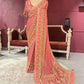 Designer Chinon Red Saree with Golden Floral Embroidery
