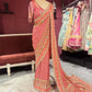Designer Chinon Red Saree with Golden Floral Embroidery