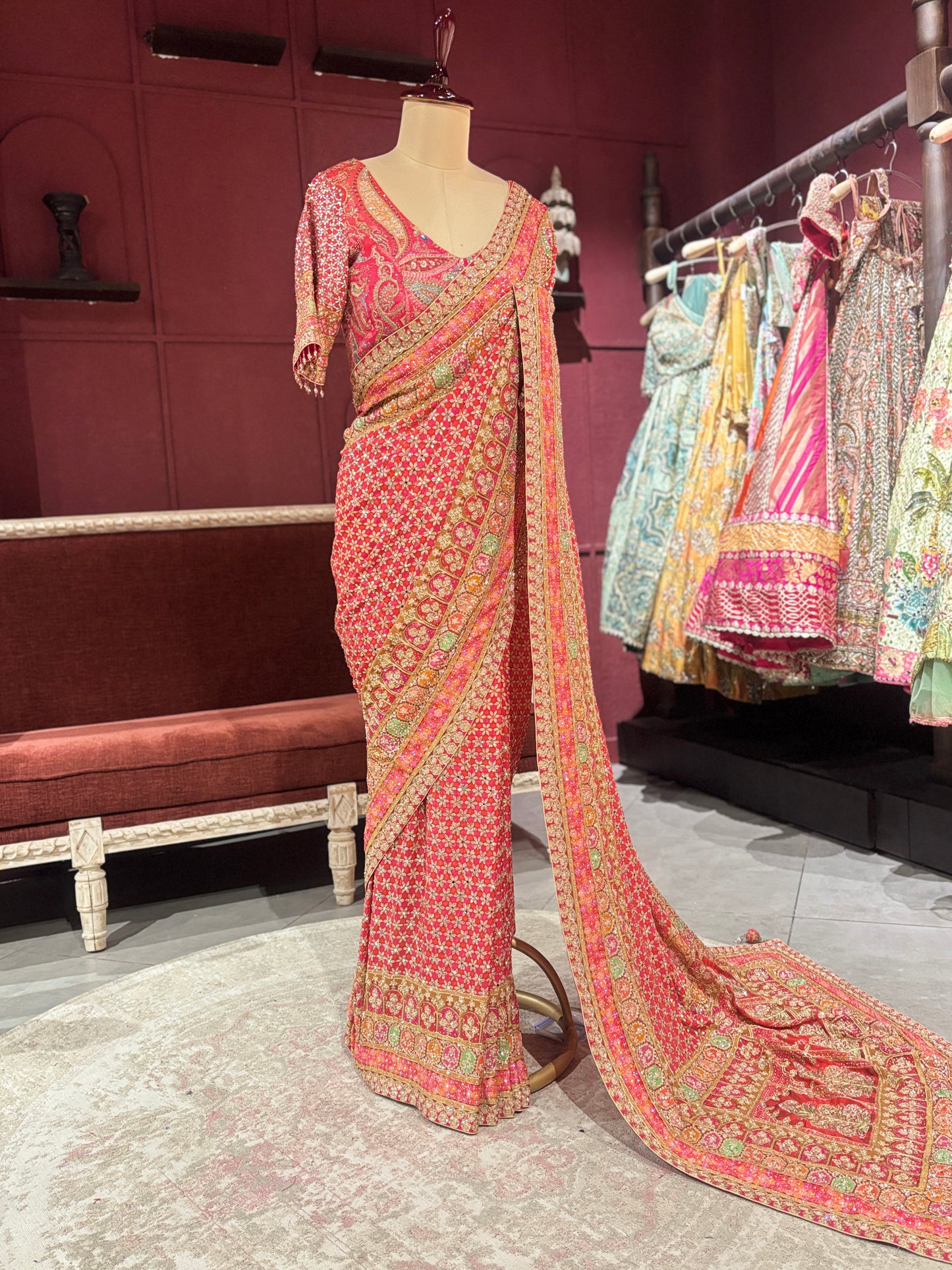 Designer Chinon Red Saree with Golden Floral Embroidery