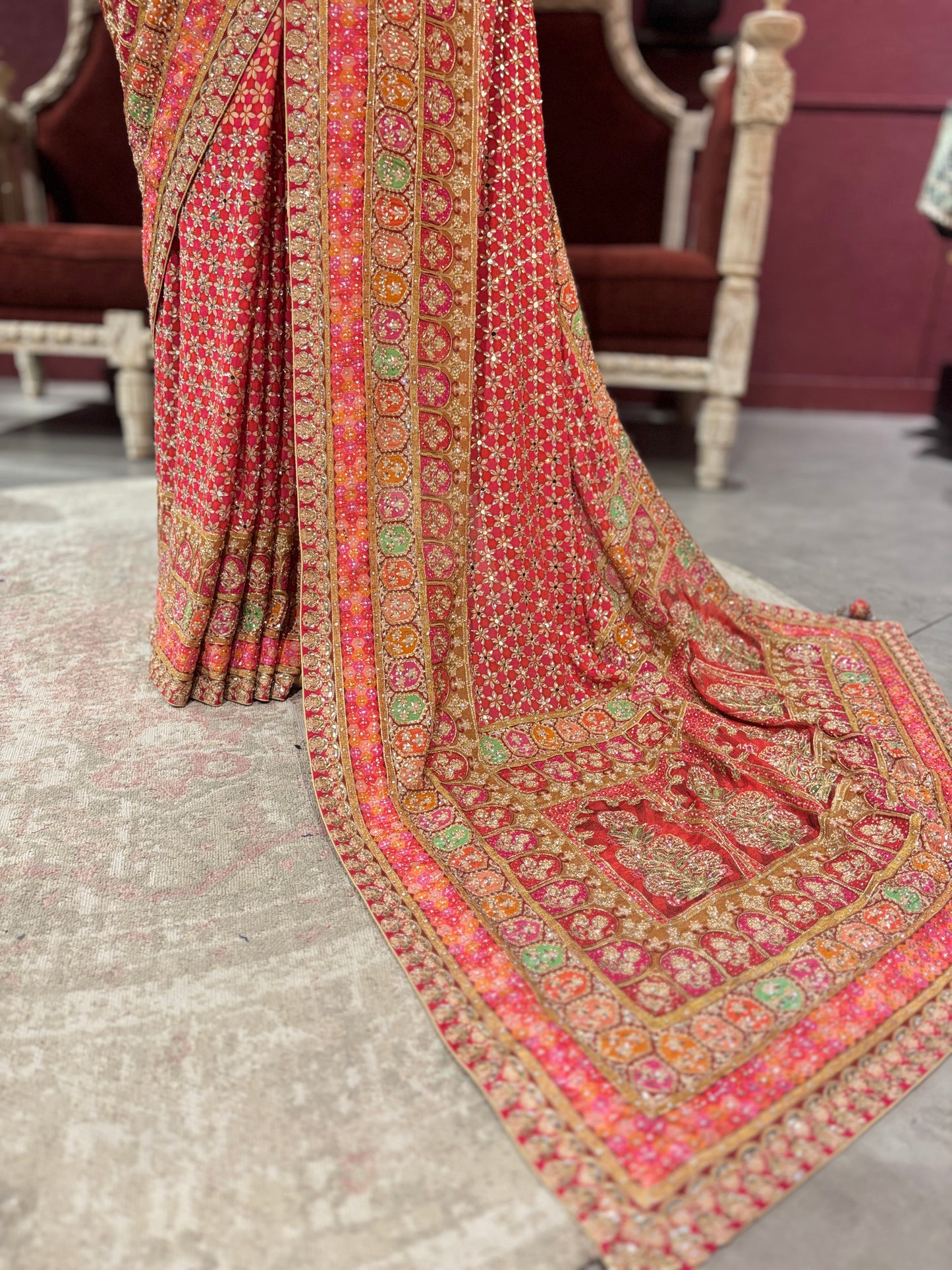 Designer Chinon Red Saree with Golden Floral Embroidery