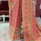 Designer Chinon Red Saree with Golden Floral Embroidery