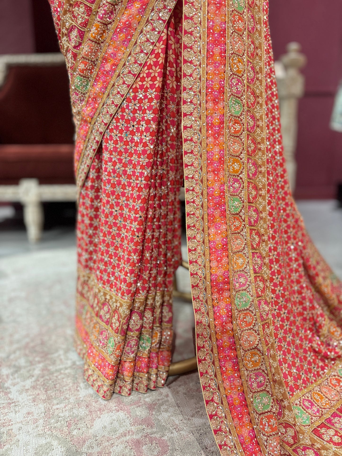 Designer Chinon Red Saree with Golden Floral Embroidery