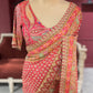 Designer Chinon Red Saree with Golden Floral Embroidery