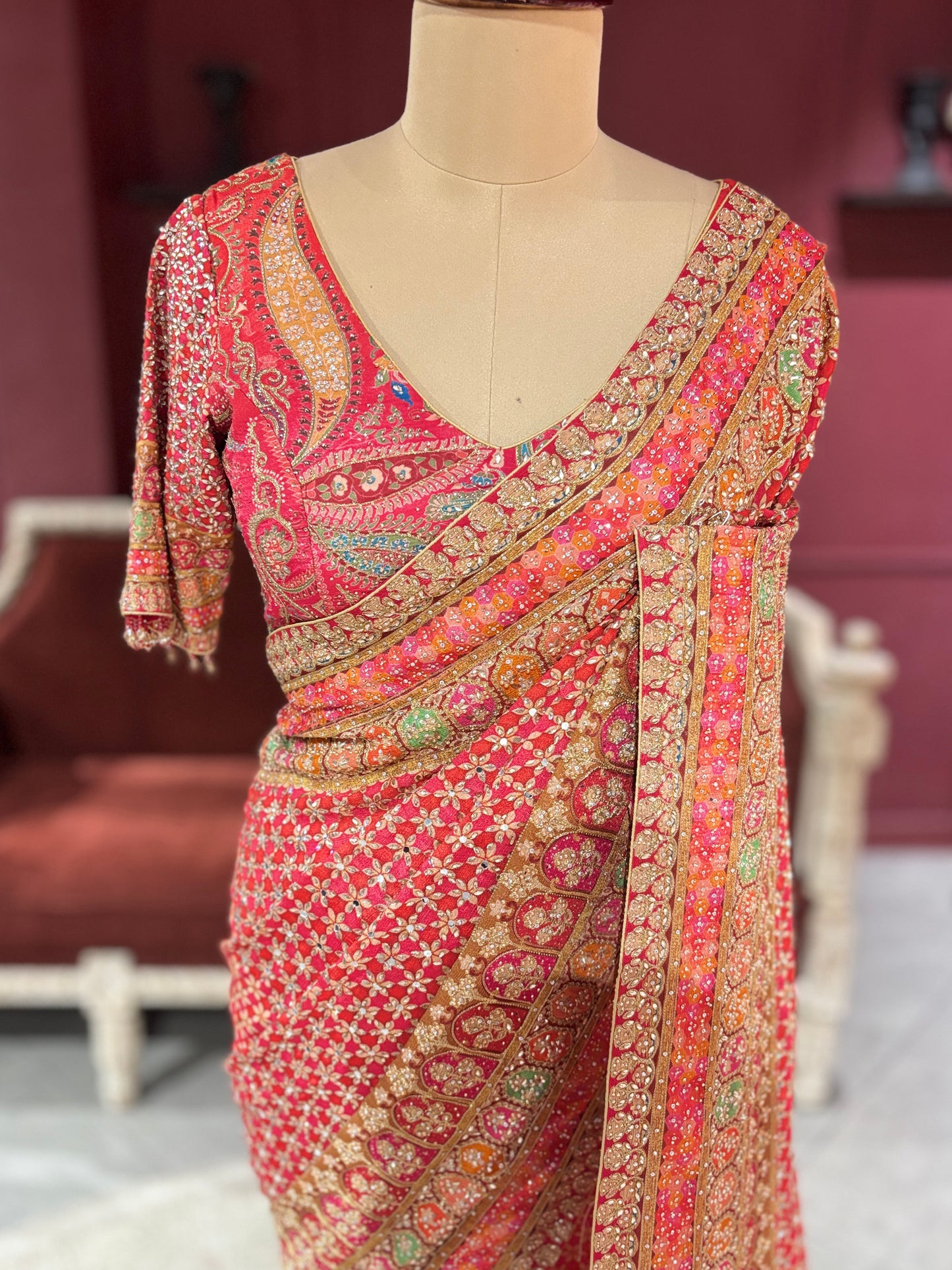Designer Chinon Red Saree with Golden Floral Embroidery