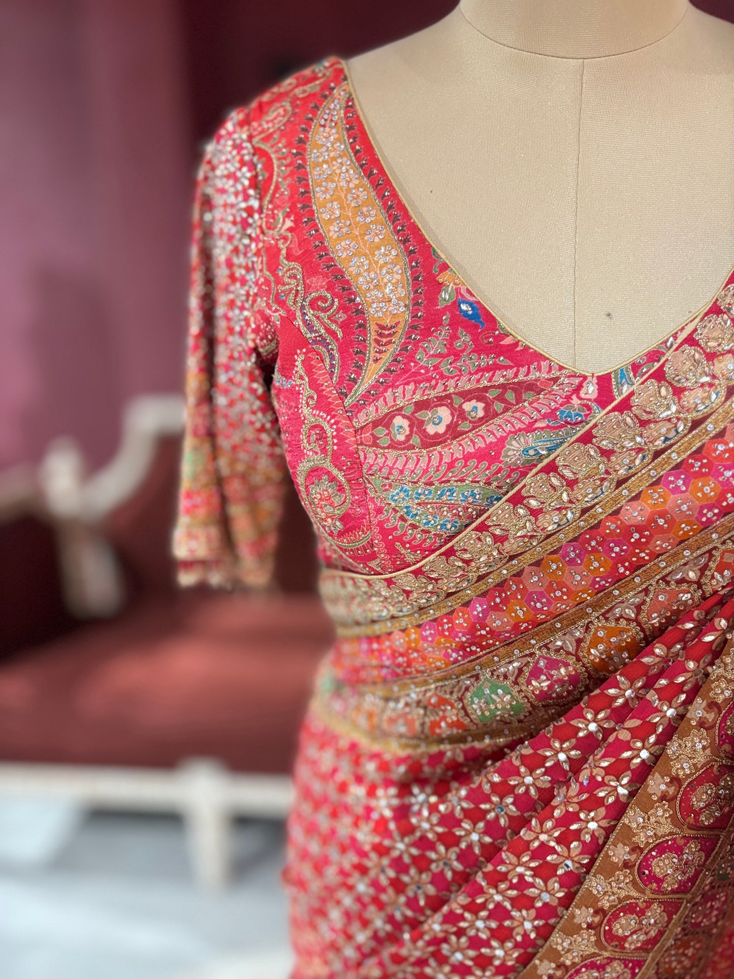 Designer Chinon Red Saree with Golden Floral Embroidery