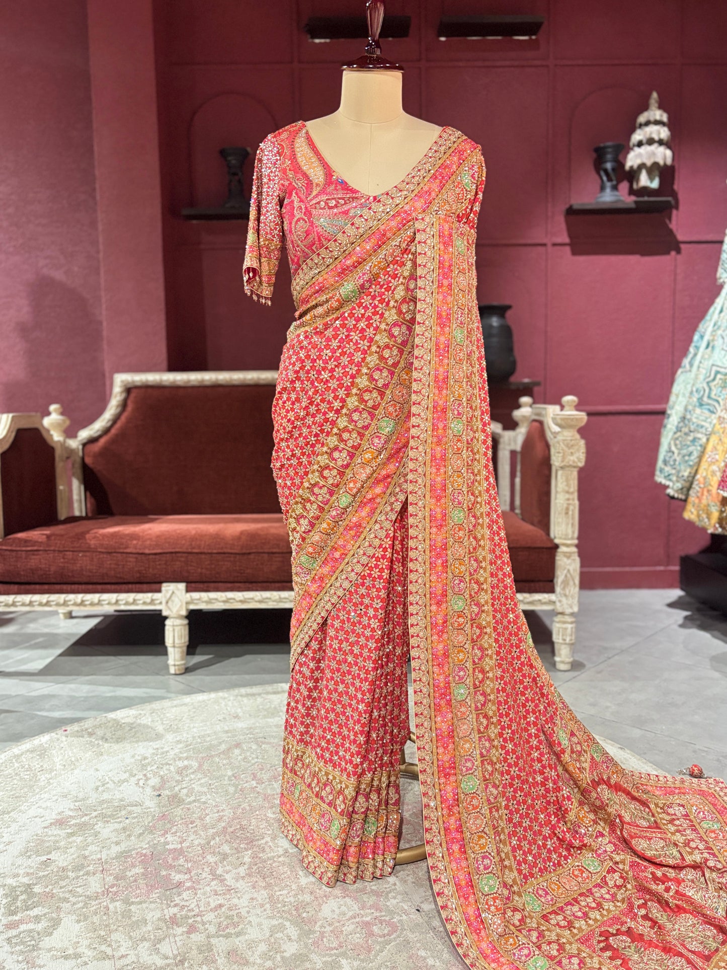 Designer Chinon Red Saree with Golden Floral Embroidery