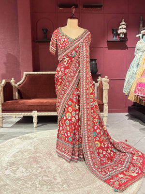 Designer Chinon Saree with Multicolor Floral Embroidery
