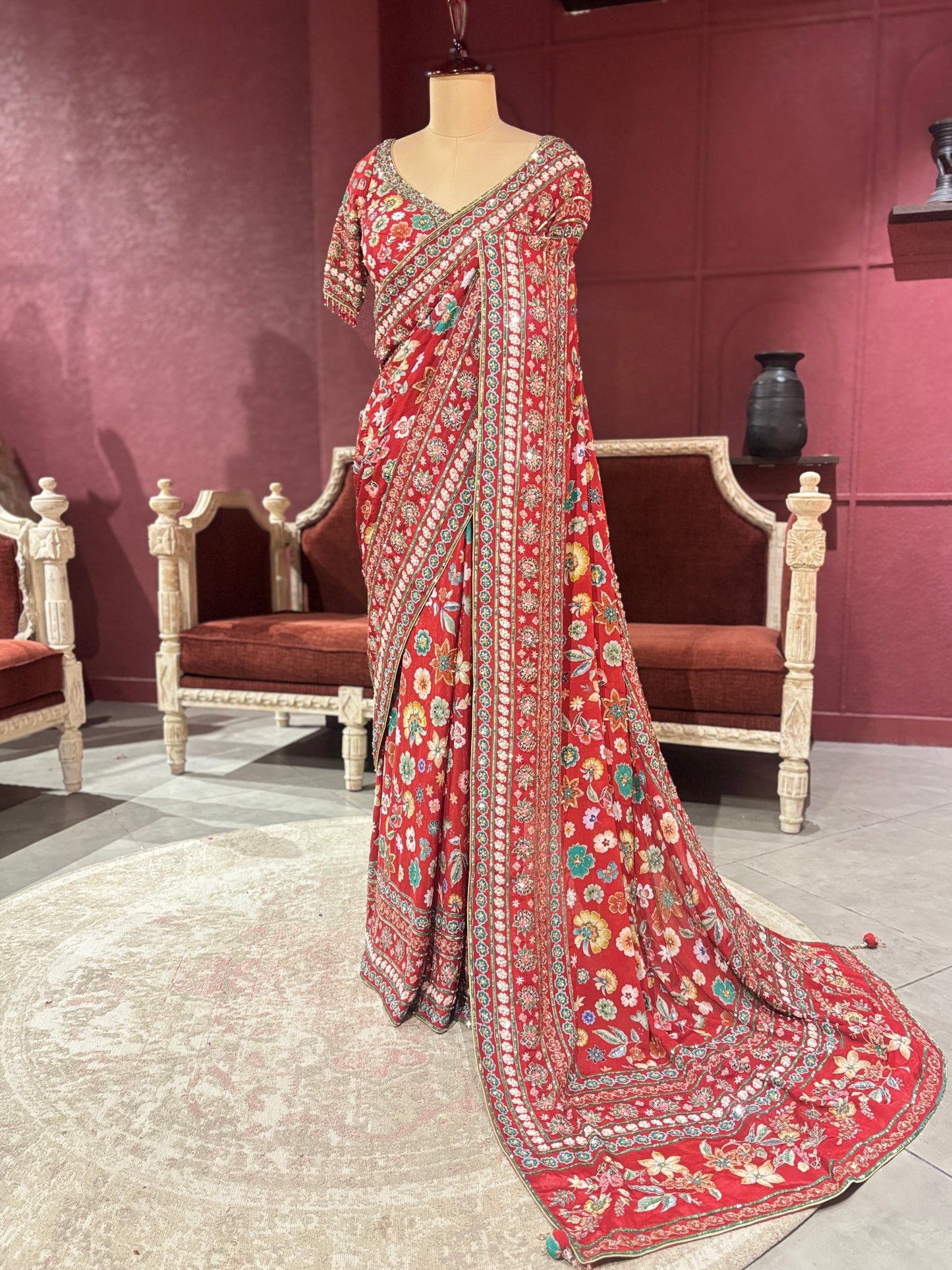 Designer Chinon Saree with Multicolor Floral Embroidery