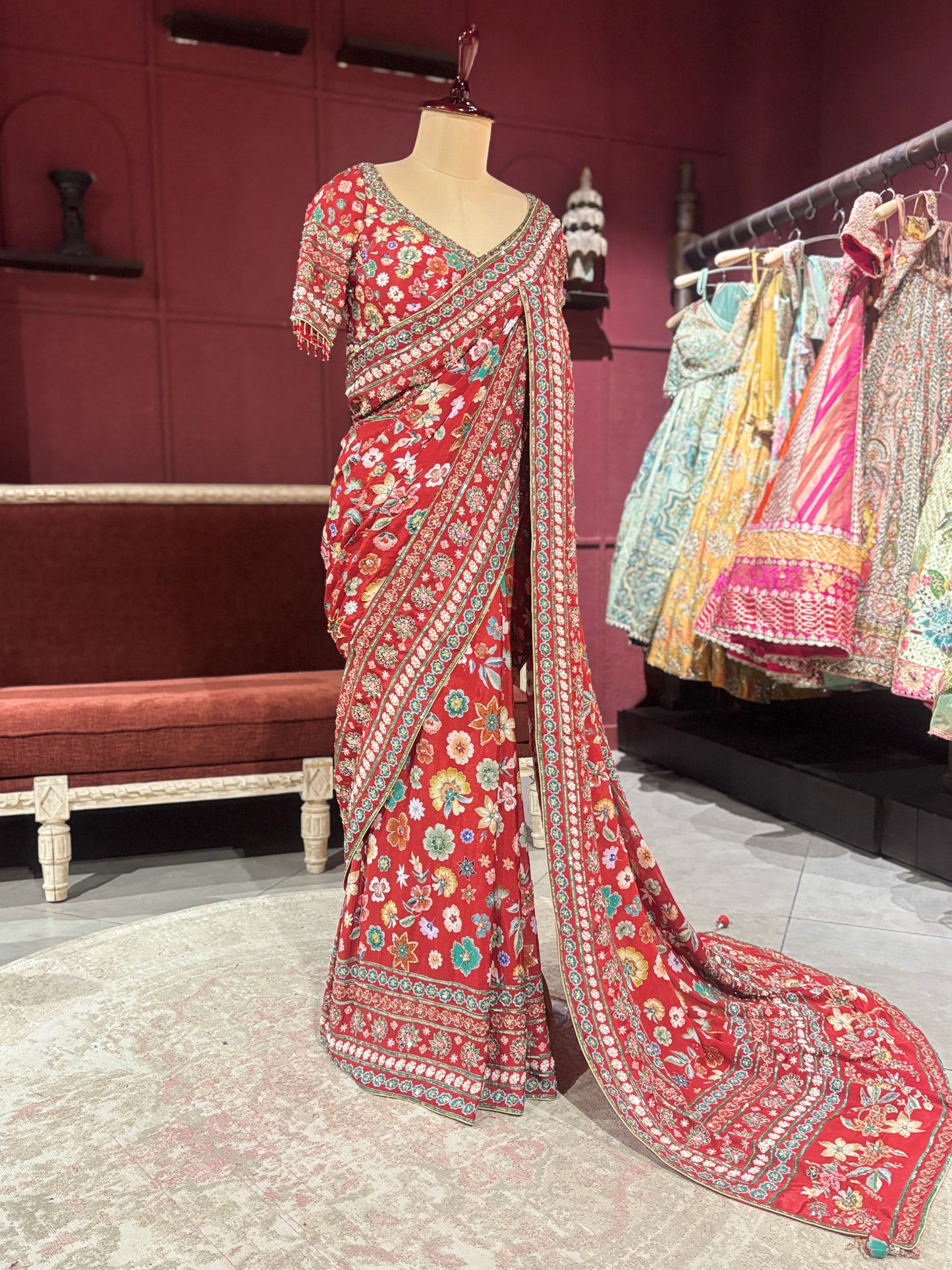 Designer Chinon Saree with Multicolor Floral Embroidery