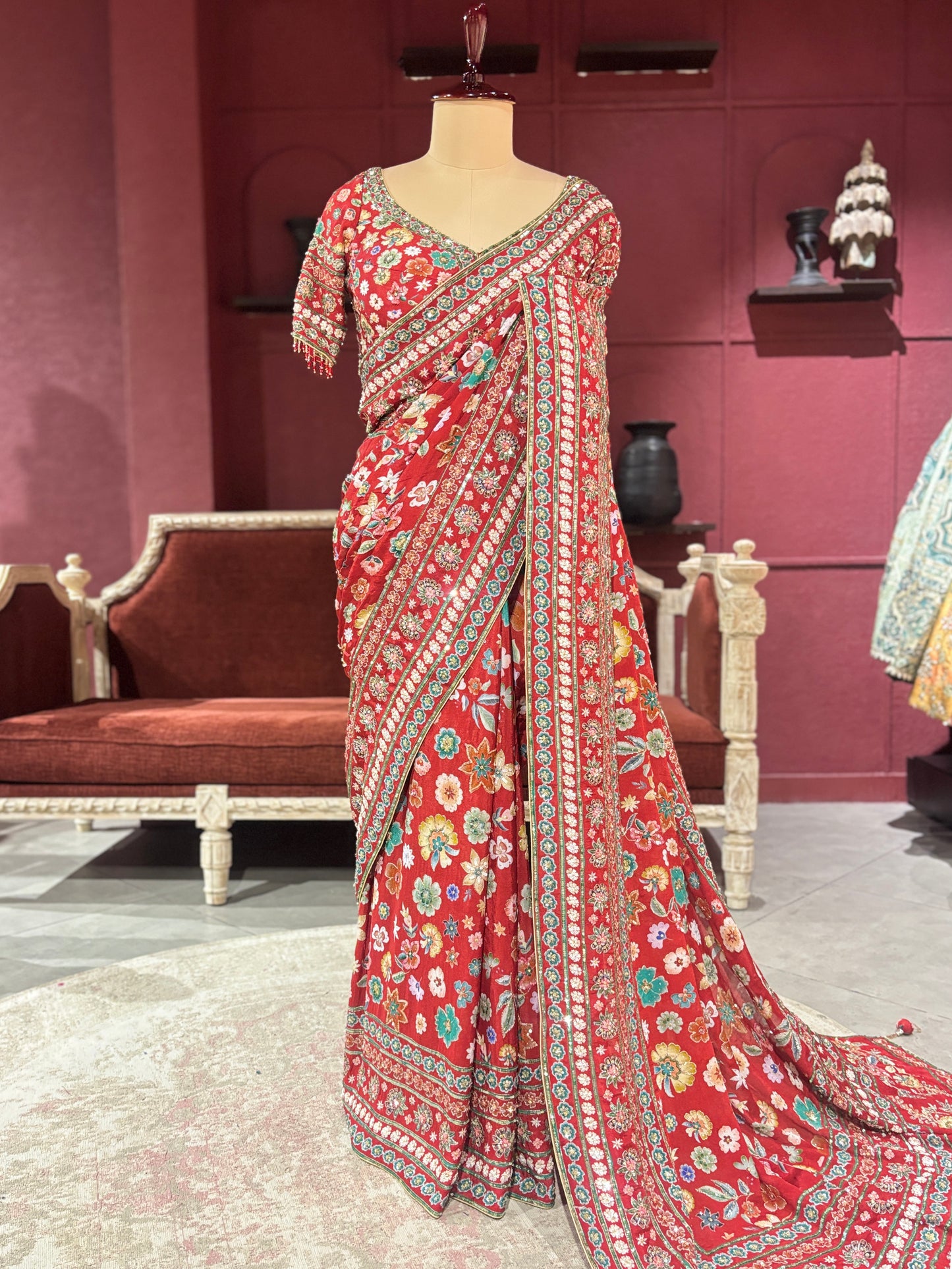 Designer Chinon Saree with Multicolor Floral Embroidery