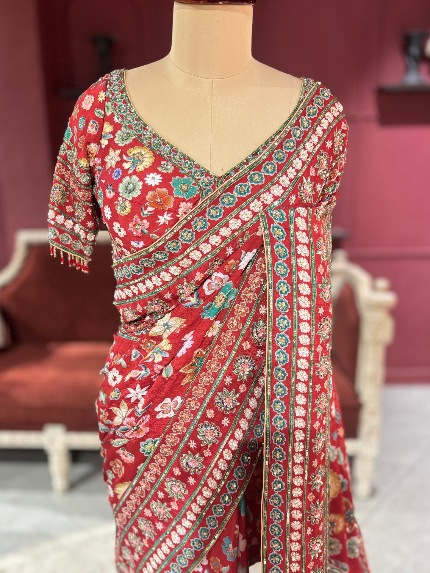 Designer Chinon Saree with Multicolor Floral Embroidery