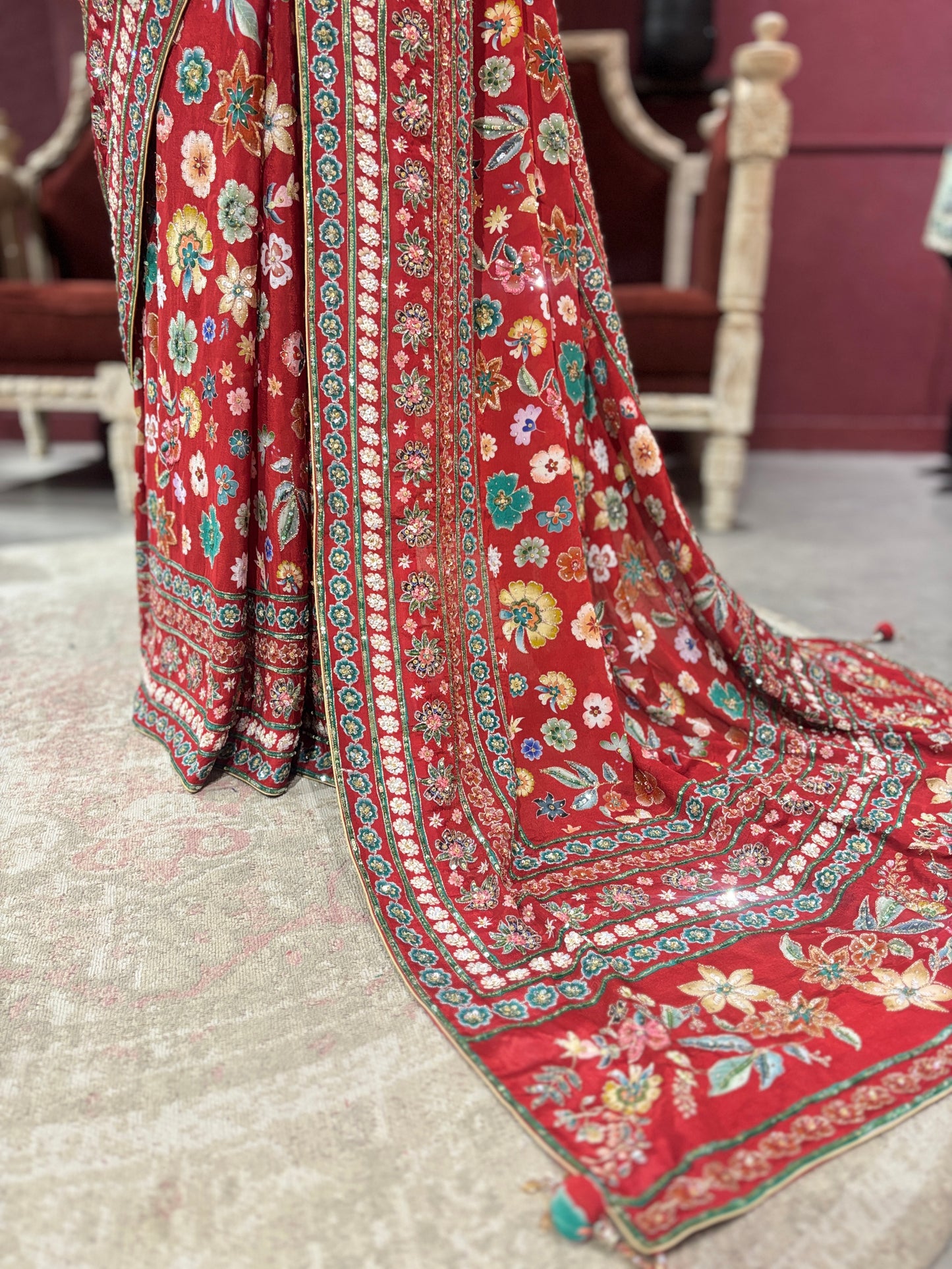 Designer Chinon Saree with Multicolor Floral Embroidery