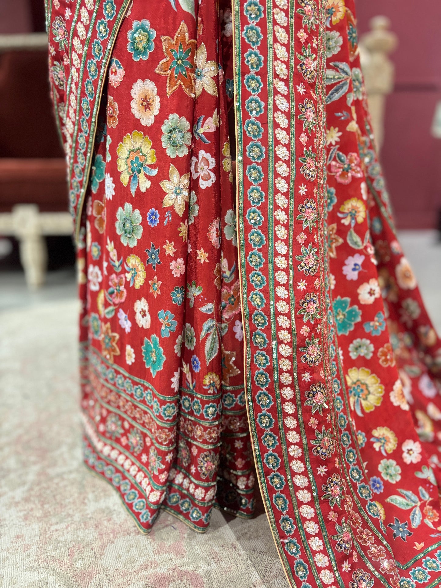 Designer Chinon Saree with Multicolor Floral Embroidery