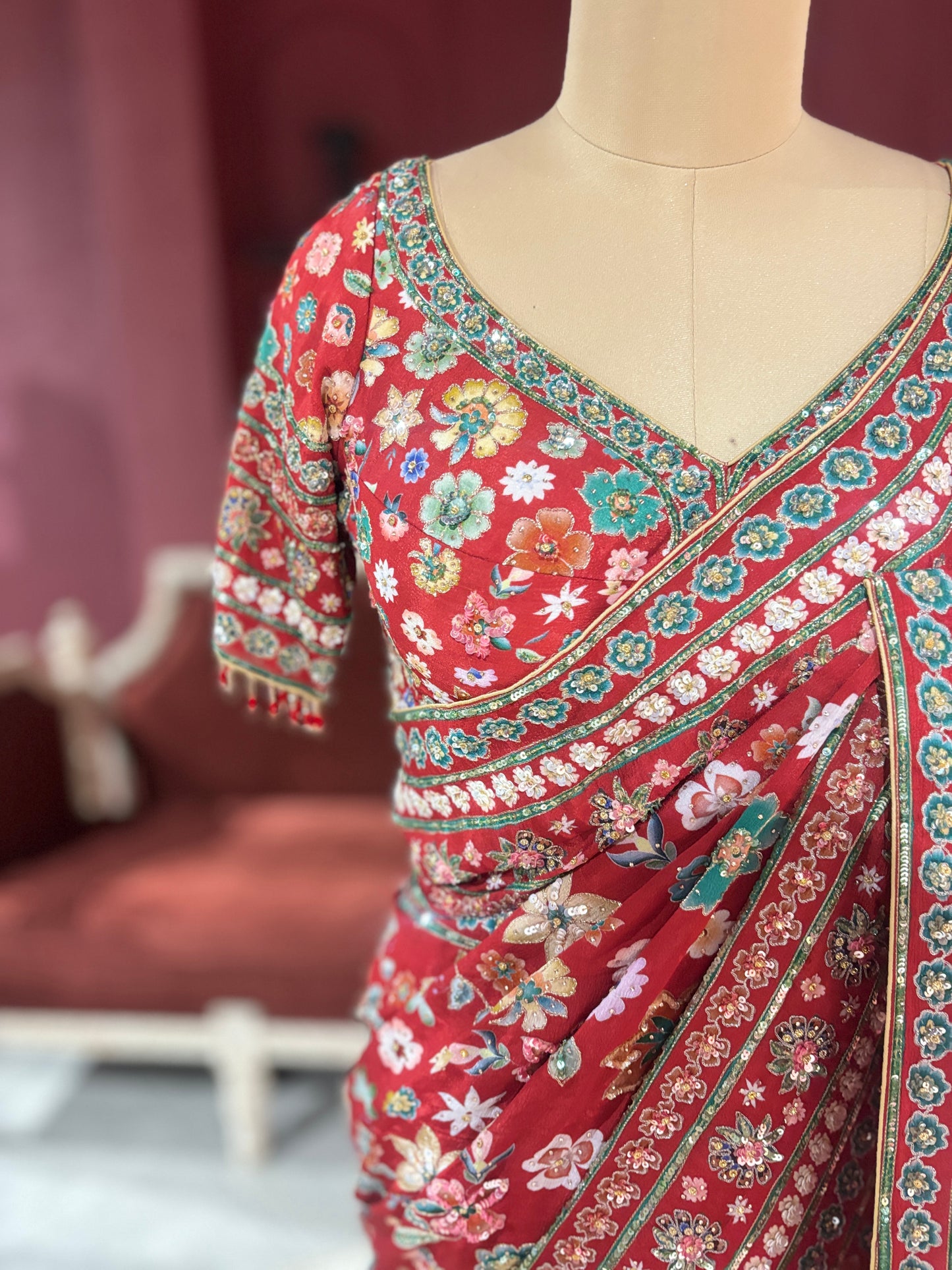 Designer Chinon Saree with Multicolor Floral Embroidery