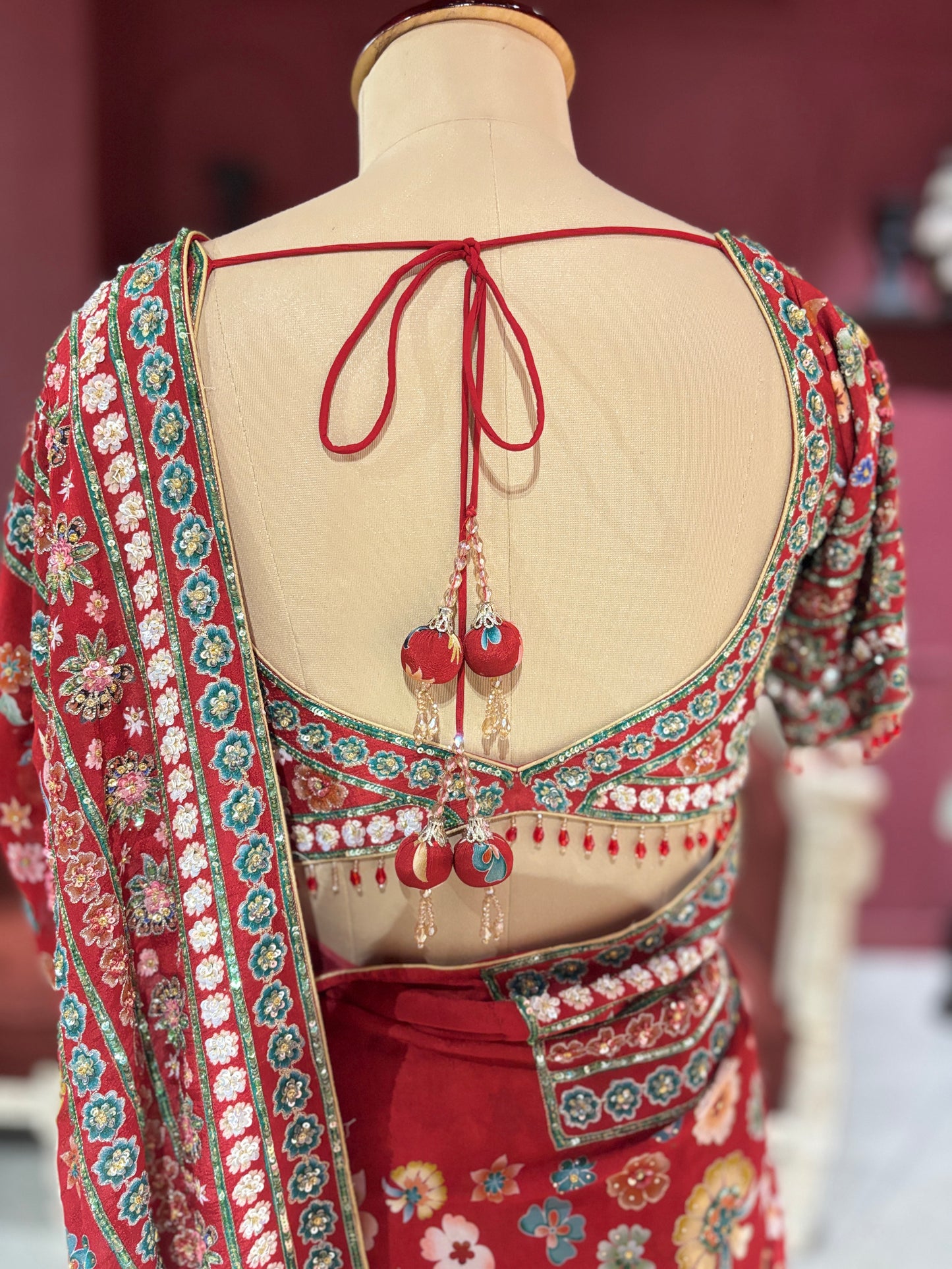 Designer Chinon Saree with Multicolor Floral Embroidery