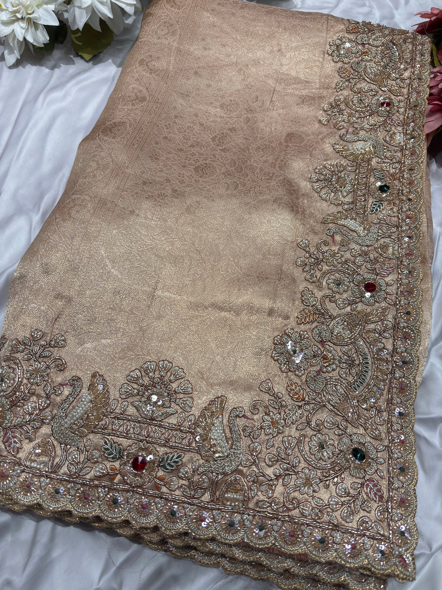 Golden Silk Saree with Ornate Bird Embroidery