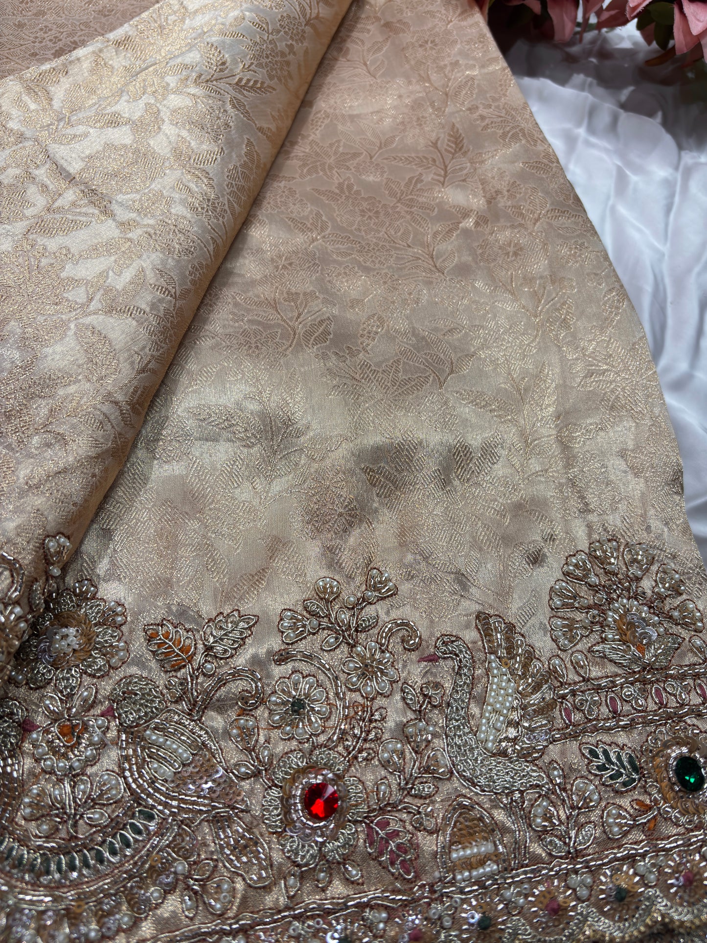 Golden Silk Saree with Ornate Bird Embroidery