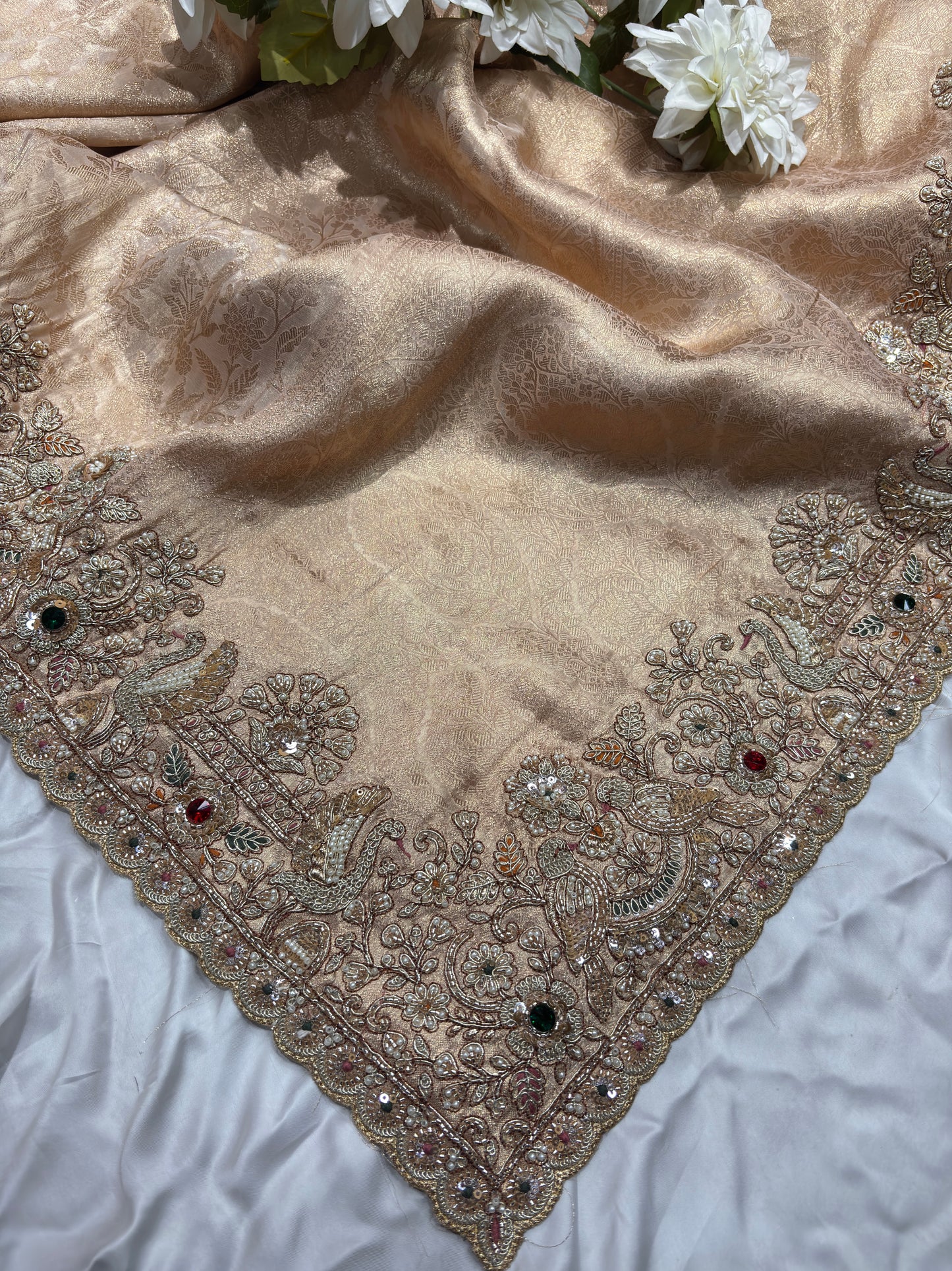 Golden Silk Saree with Ornate Bird Embroidery