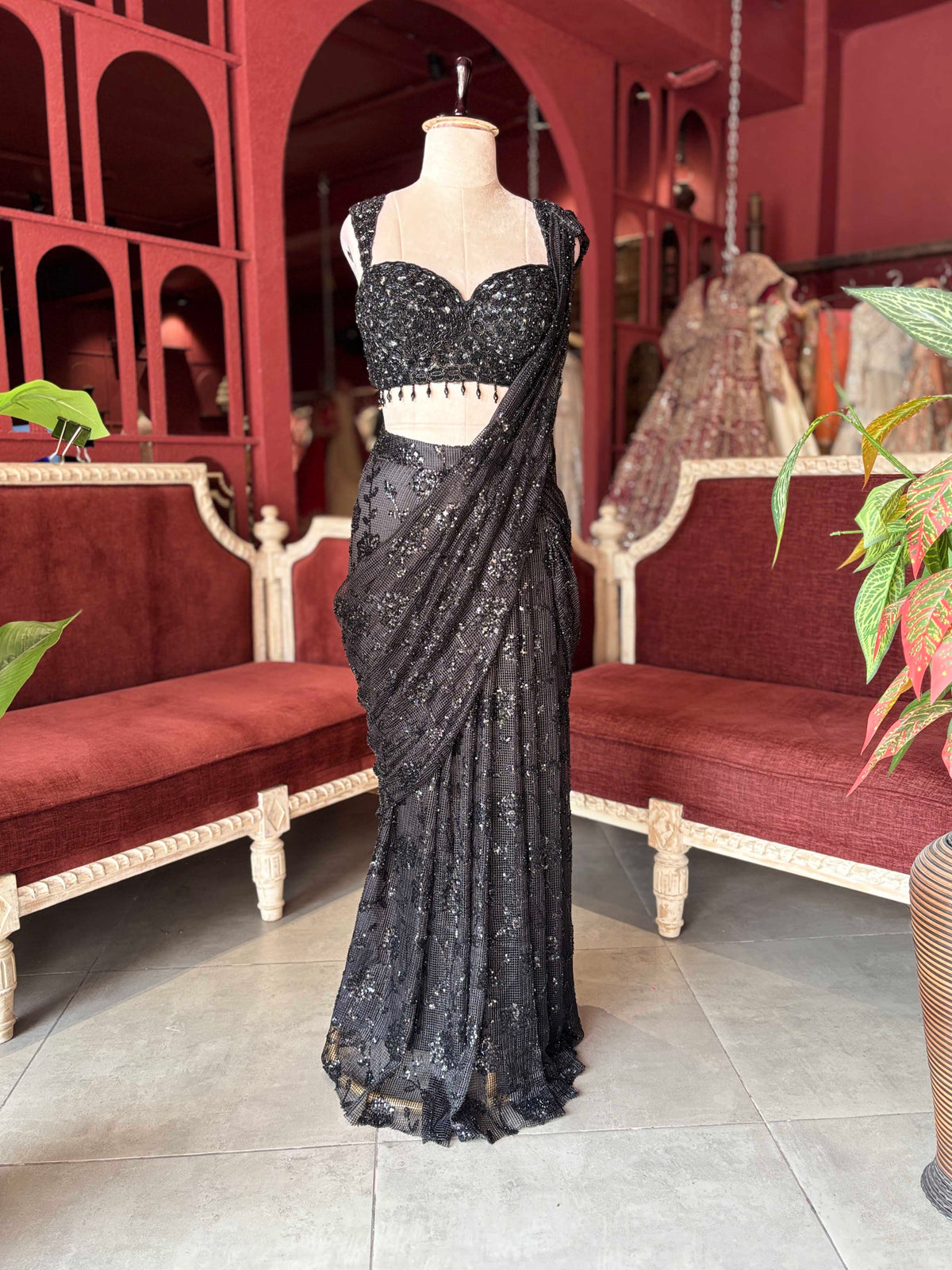 Black Sequin Draped Saree with Embellished Designer Blouse