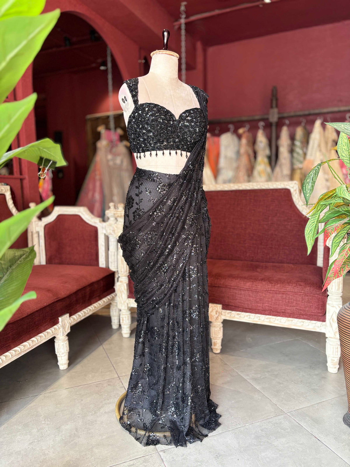 Black Sequin Draped Saree with Embellished Designer Blouse