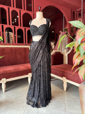 Black Sequin Draped Saree with Embellished Designer Blouse