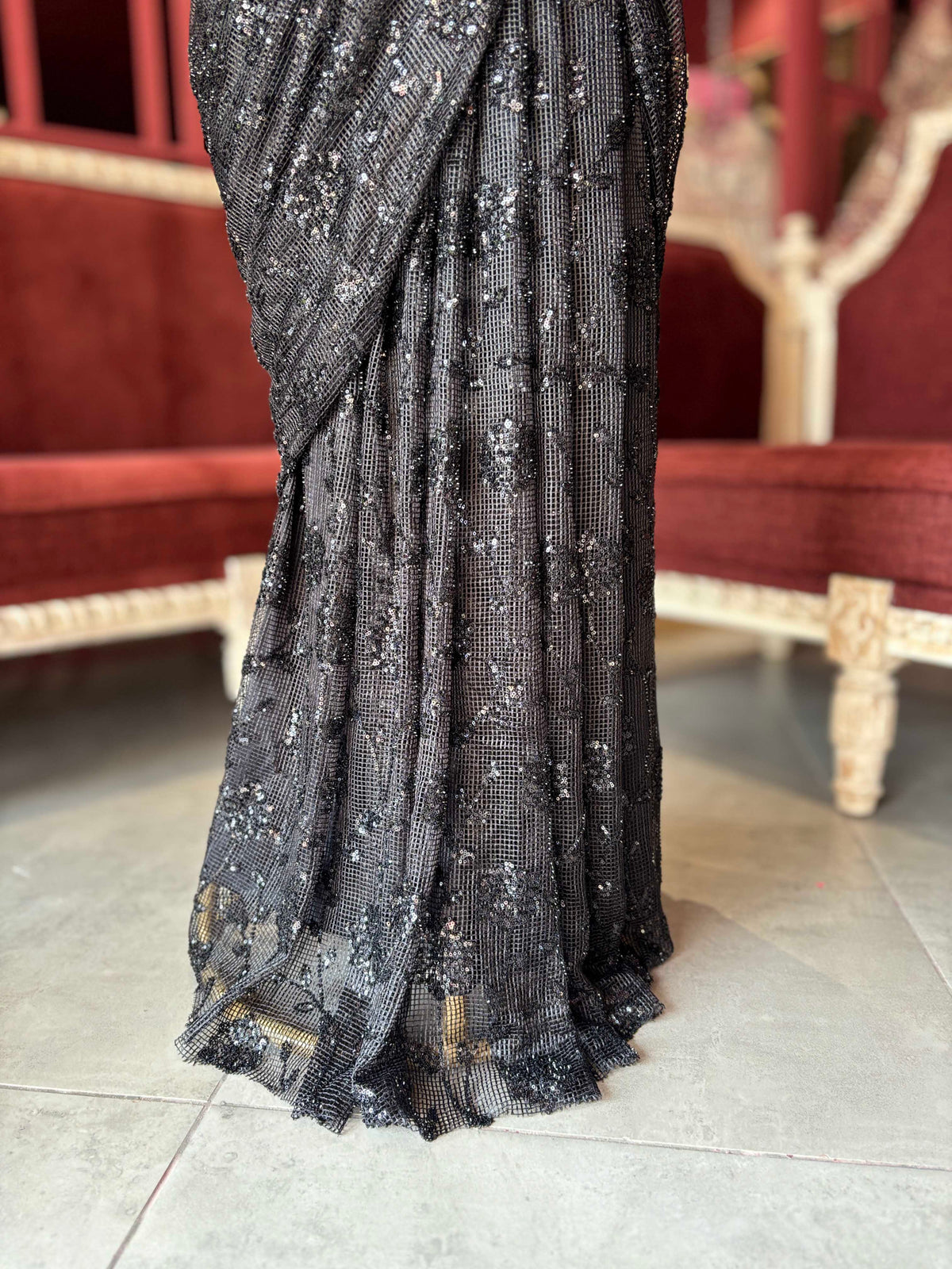 Black Sequin Draped Saree with Embellished Designer Blouse