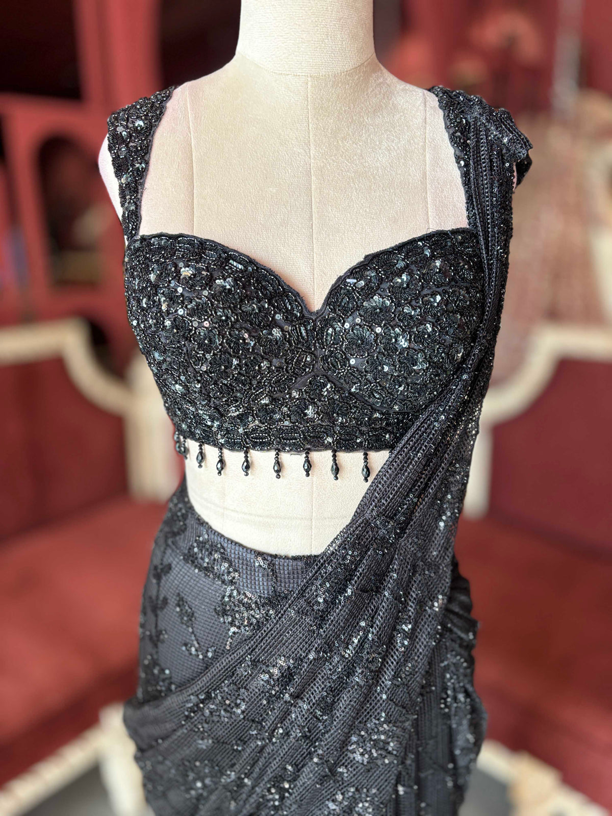 Black Sequin Draped Saree with Embellished Designer Blouse