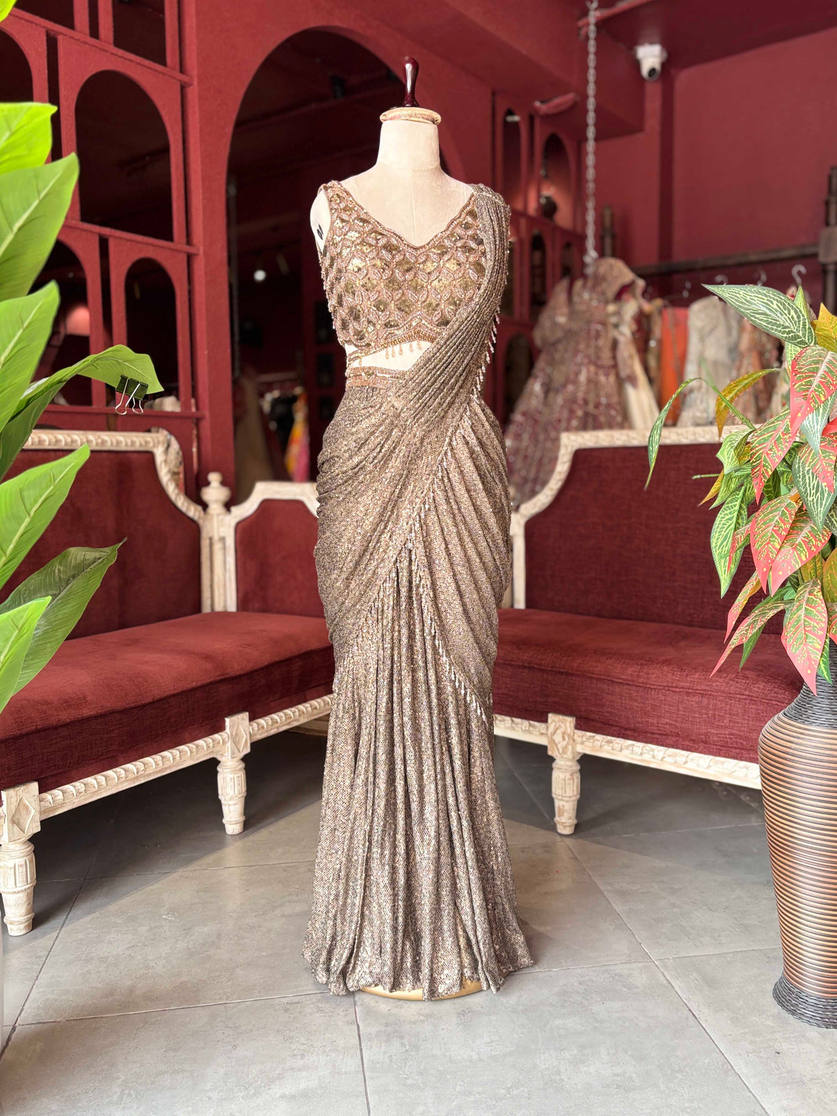 Bronze Sequin Draped Saree Gown with Embellished Blouse