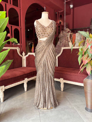 Bronze Sequin Draped Saree Gown with Embellished Blouse