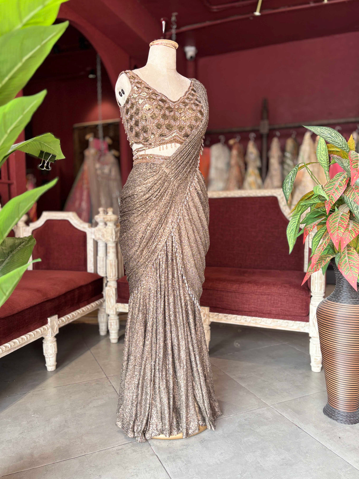 Bronze Sequin Draped Saree Gown with Embellished Blouse