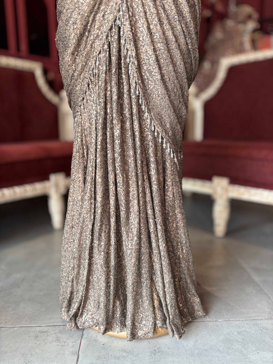 Bronze Sequin Draped Saree Gown with Embellished Blouse