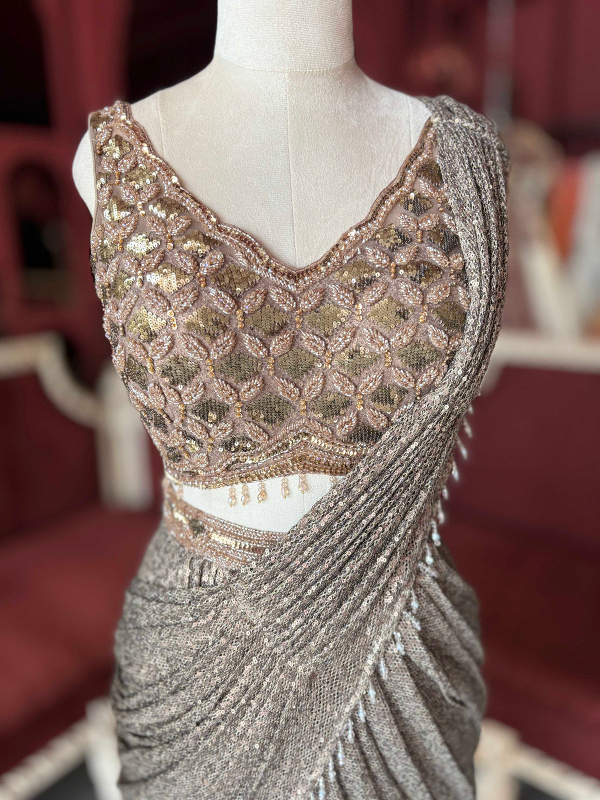 Bronze Sequin Draped Saree Gown with Embellished Blouse