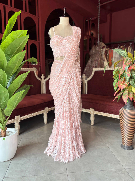 Blush Pink Sequin Designer Saree with Embellished Blouse