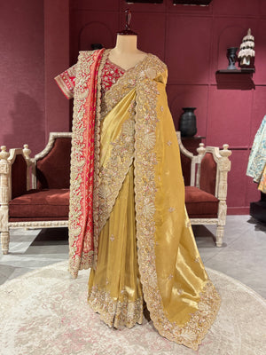 Golden Designer Saree with Paisley Embroidery With Dupatta