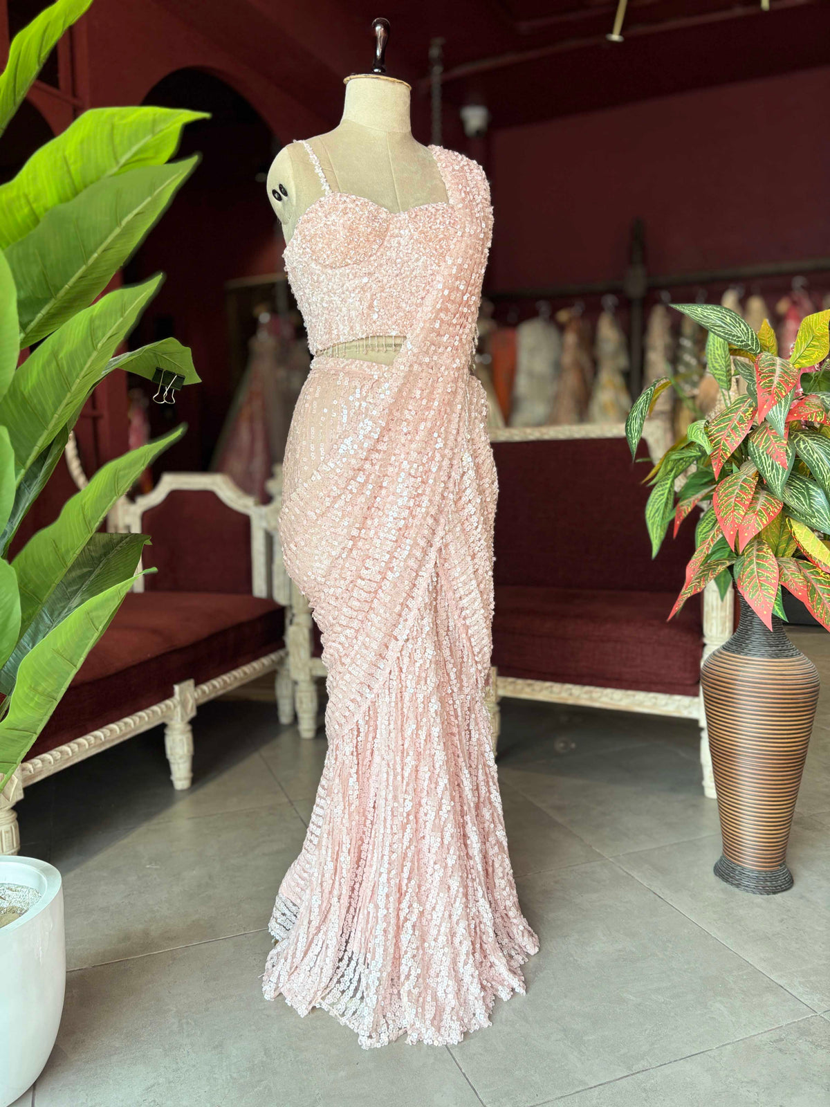 Blush Pink Sequin Designer Saree with Embellished Blouse
