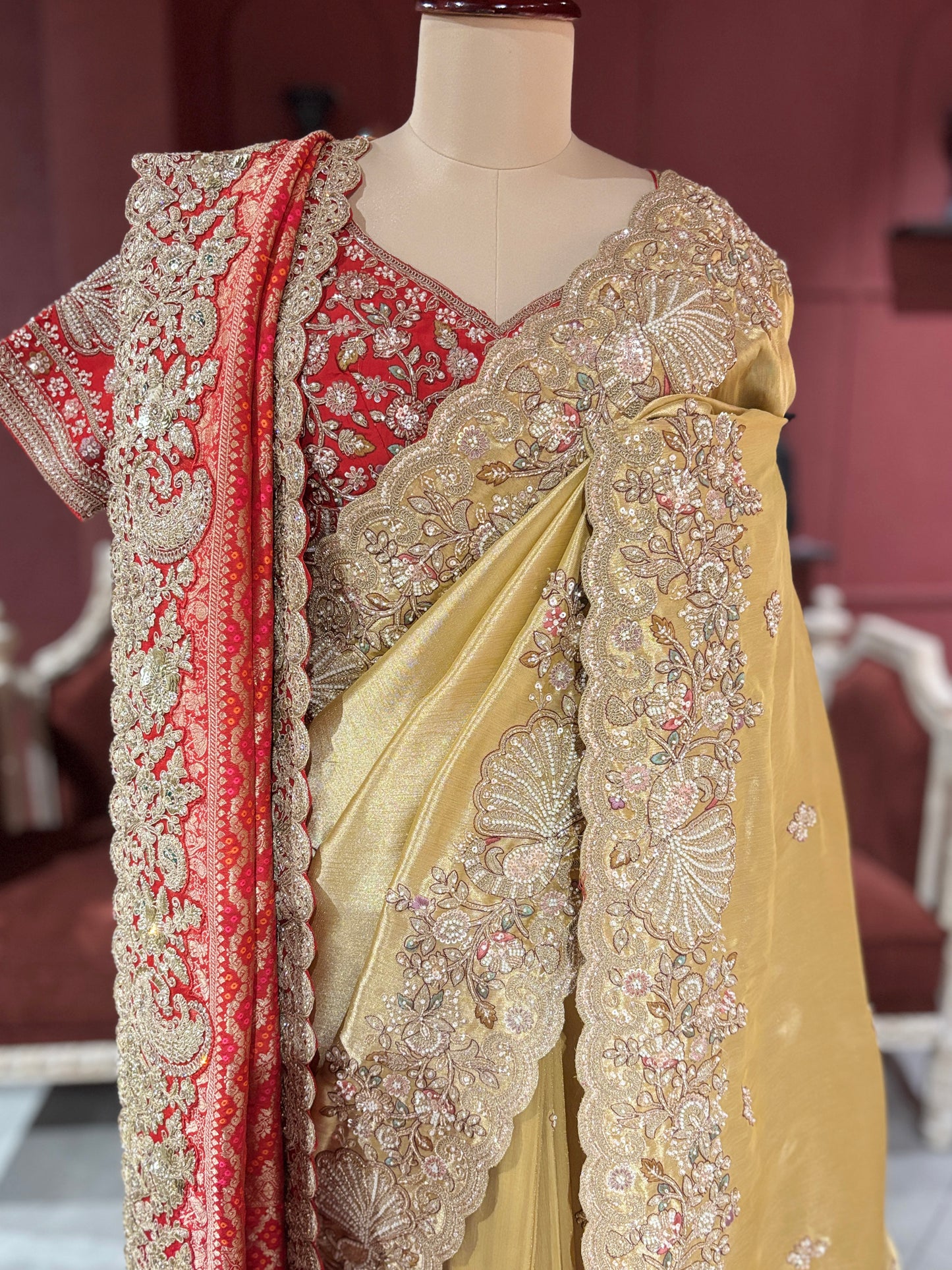 Golden Designer Saree with Paisley Embroidery With Dupatta