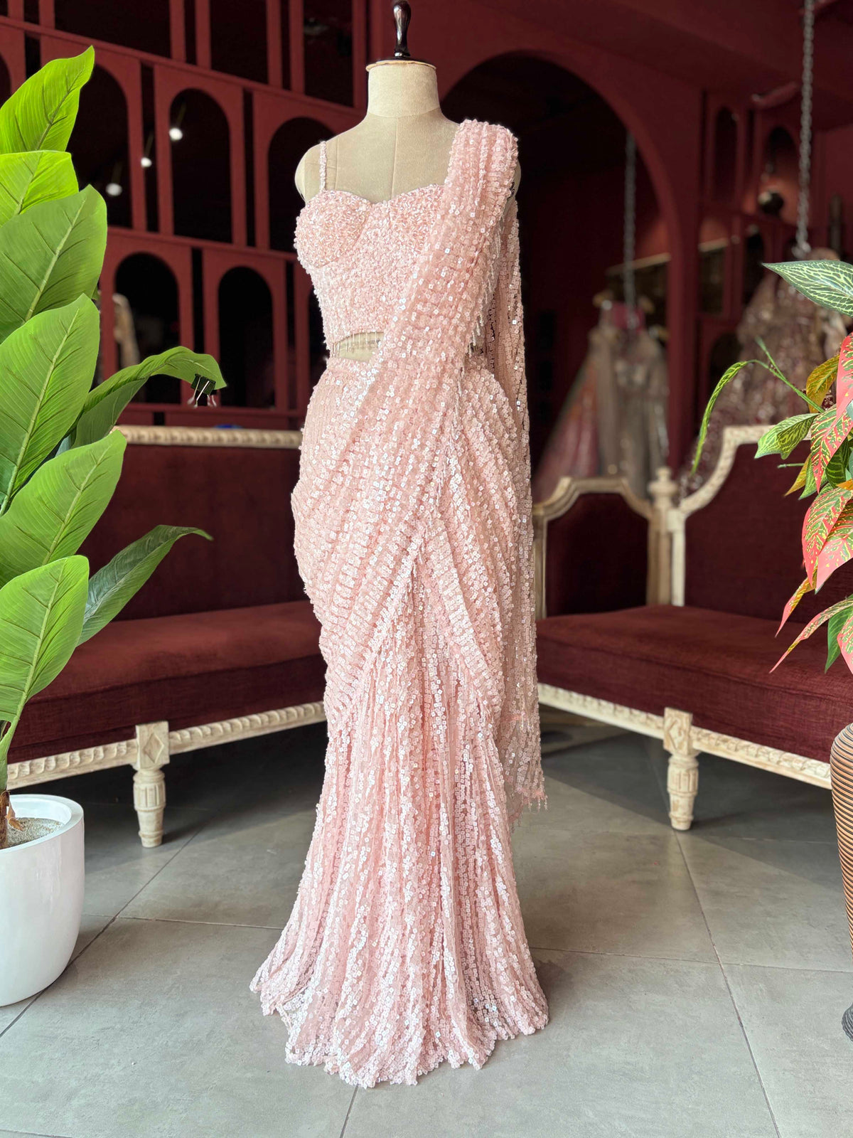 Blush Pink Sequin Designer Saree with Embellished Blouse