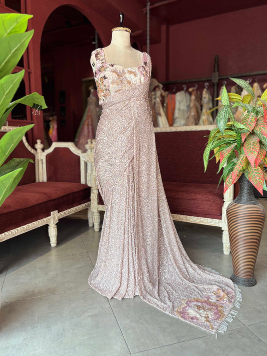Rose Gold Sequin Designer Saree Gown with Floral Embroidery