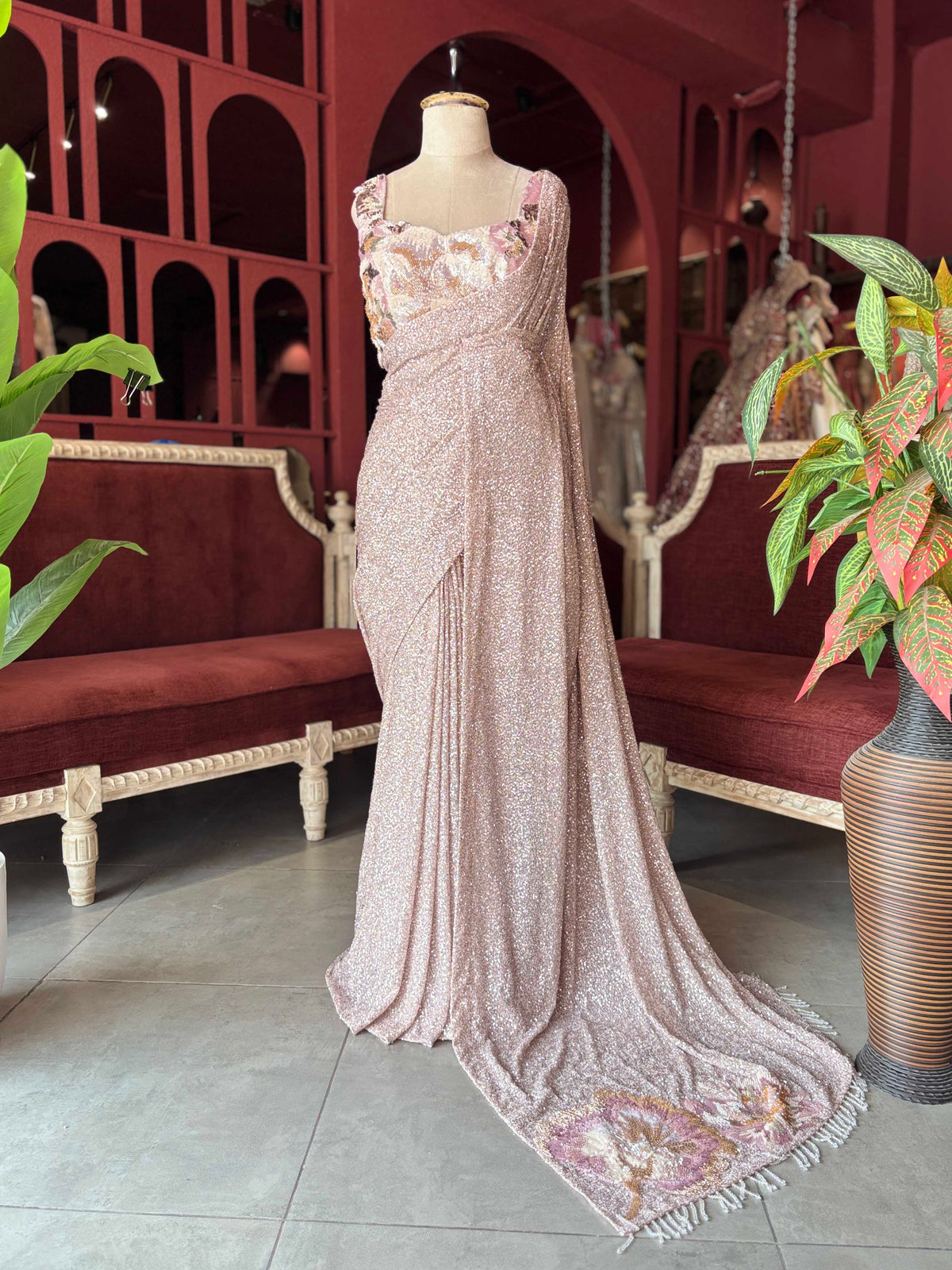 Rose Gold Sequin Designer Saree Gown with Floral Embroidery