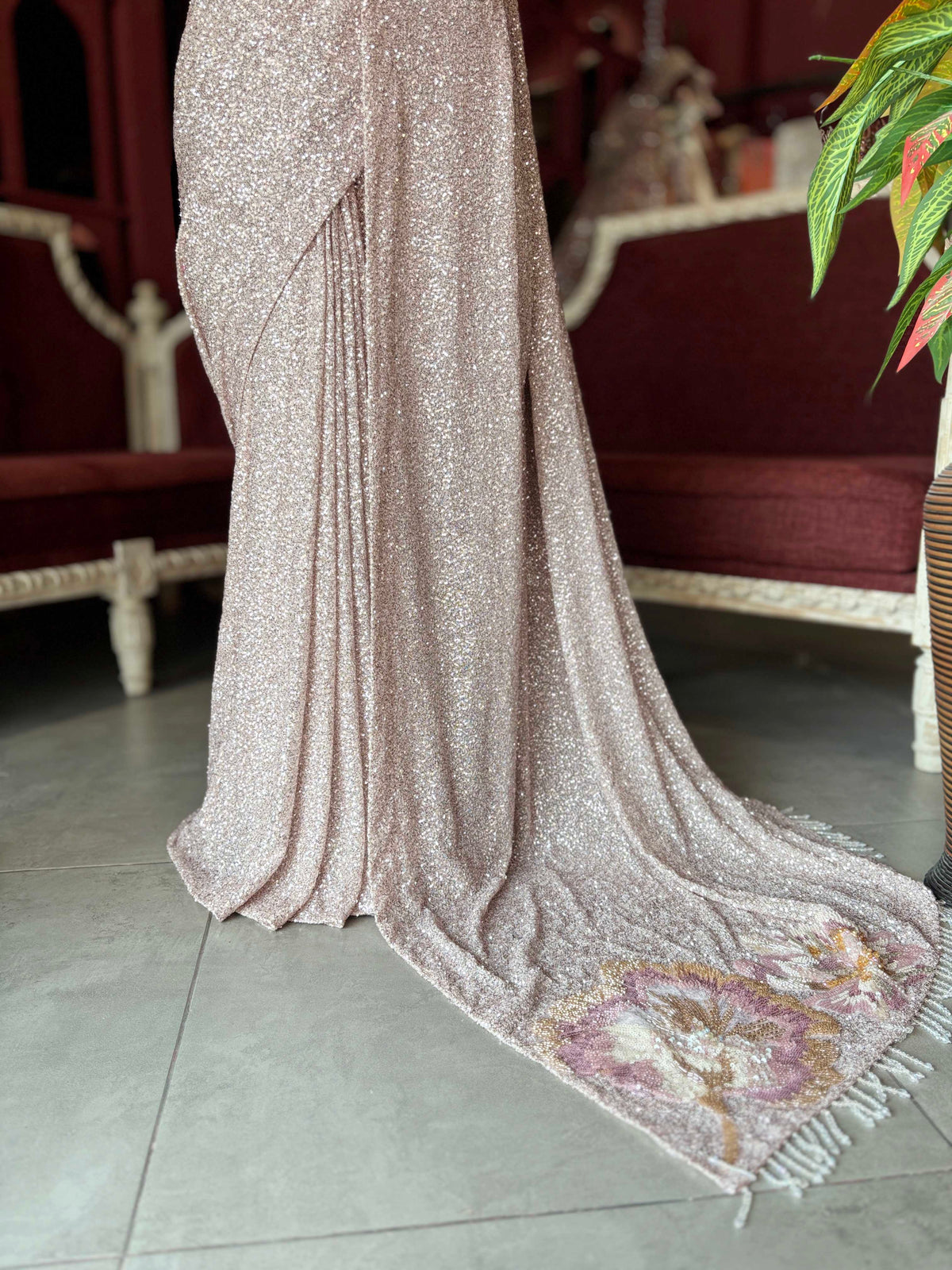 Rose Gold Sequin Designer Saree Gown with Floral Embroidery