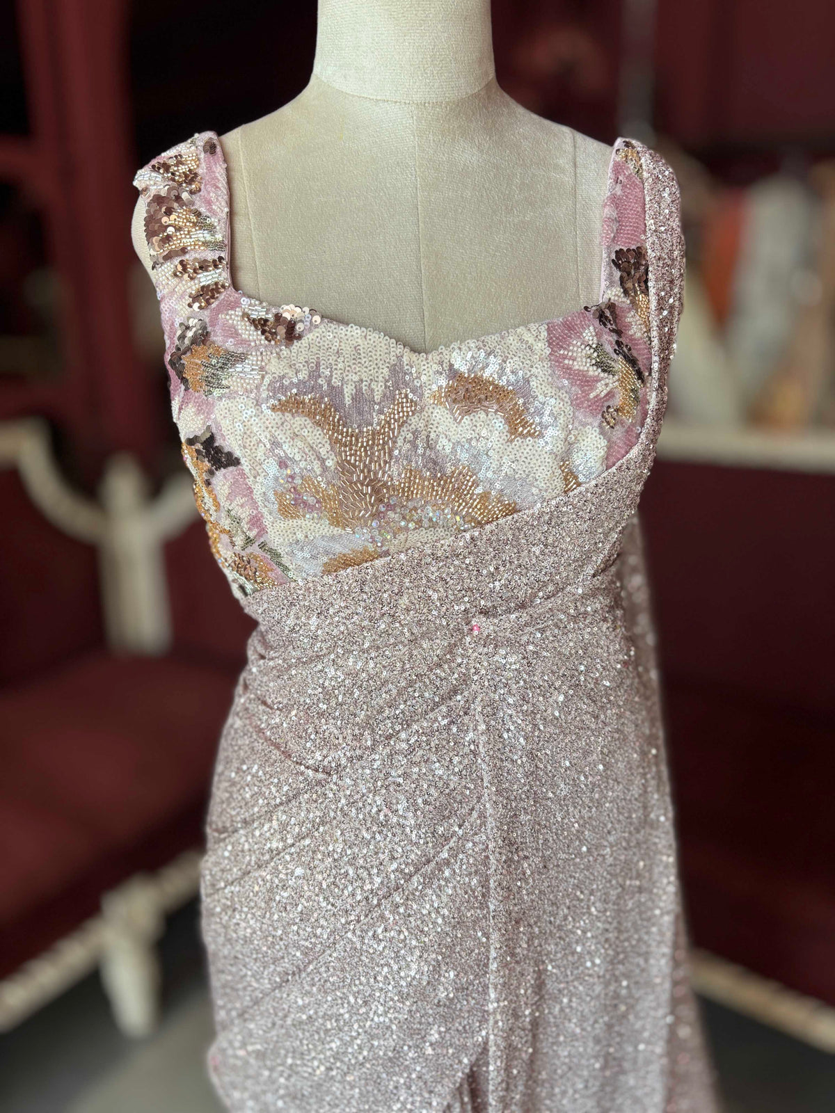 Rose Gold Sequin Designer Saree Gown with Floral Embroidery