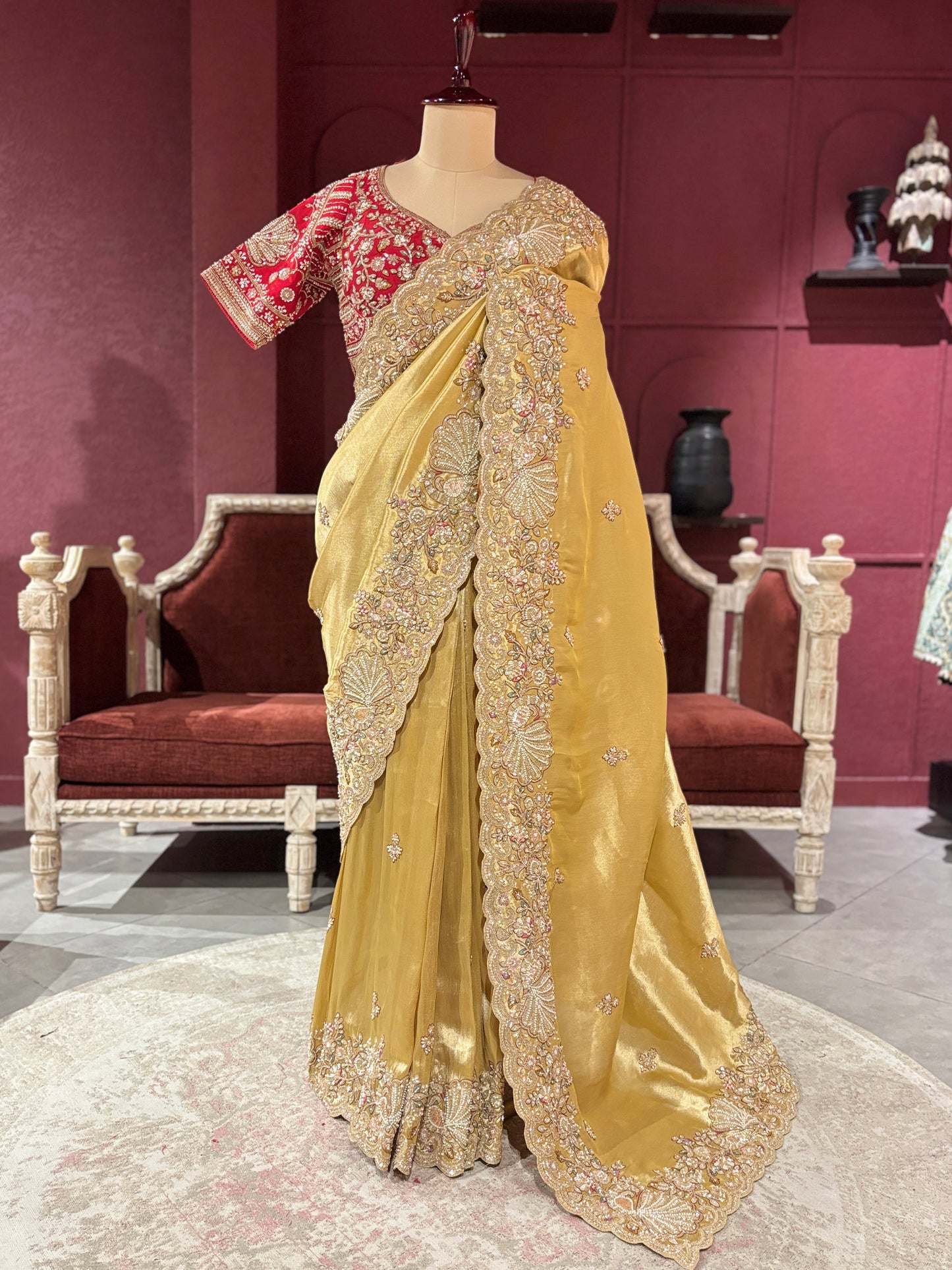 Golden Designer Saree with Paisley Embroidery With Dupatta